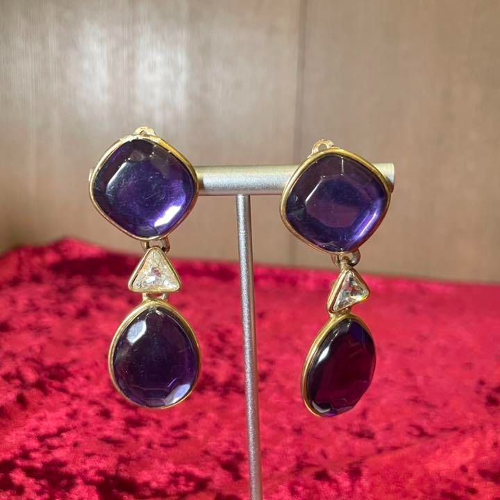 2 豪華 YSL イヴサンローラン 3連 色石 ラインストーン イヤリング アクセサリー