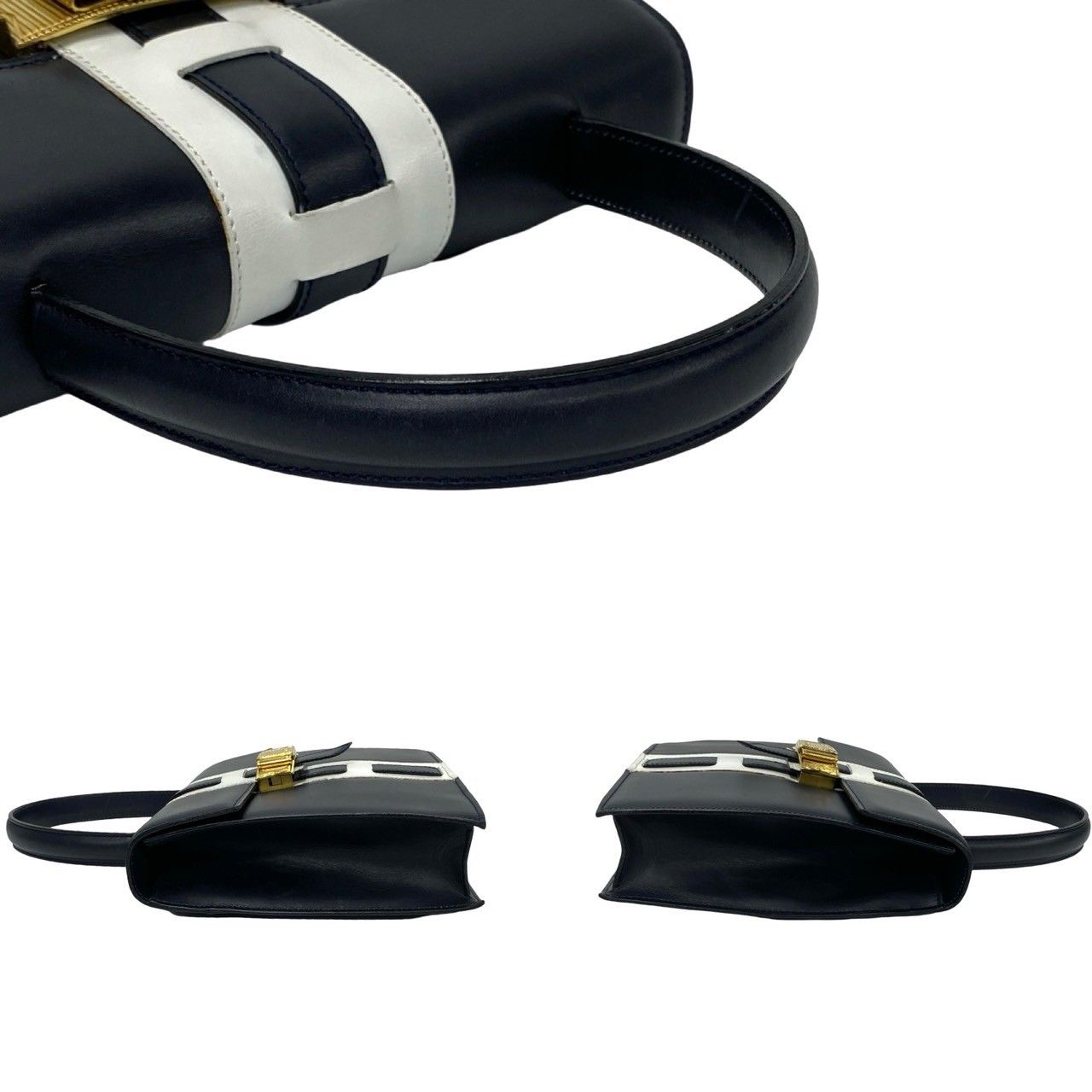 極 美品 袋付 セリーヌ ロゴ リボン レザー ハンドバッグ ホワイト