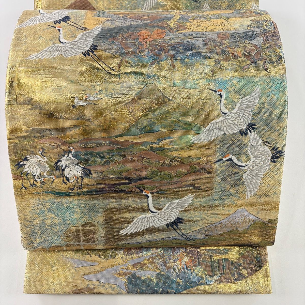 ✴︎正絹振袖　袋帯セット✴︎鶴模様 袋帯 名品 鶴 風景 刺繍 箔 金色 お太鼓柄 正絹 【中古】 - メルカリ