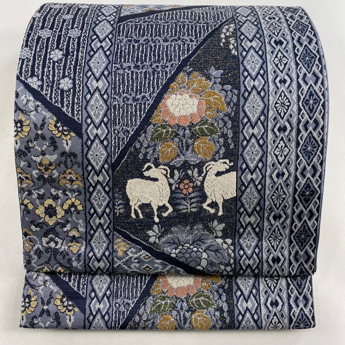 ZMKC鳥好きさんお待たせしました　六通太鼓柄袋帯 九寸　尾長鳥 袋帯 名品 縞 花鳥 箔 灰色 お太鼓柄 正絹｜中古・古着