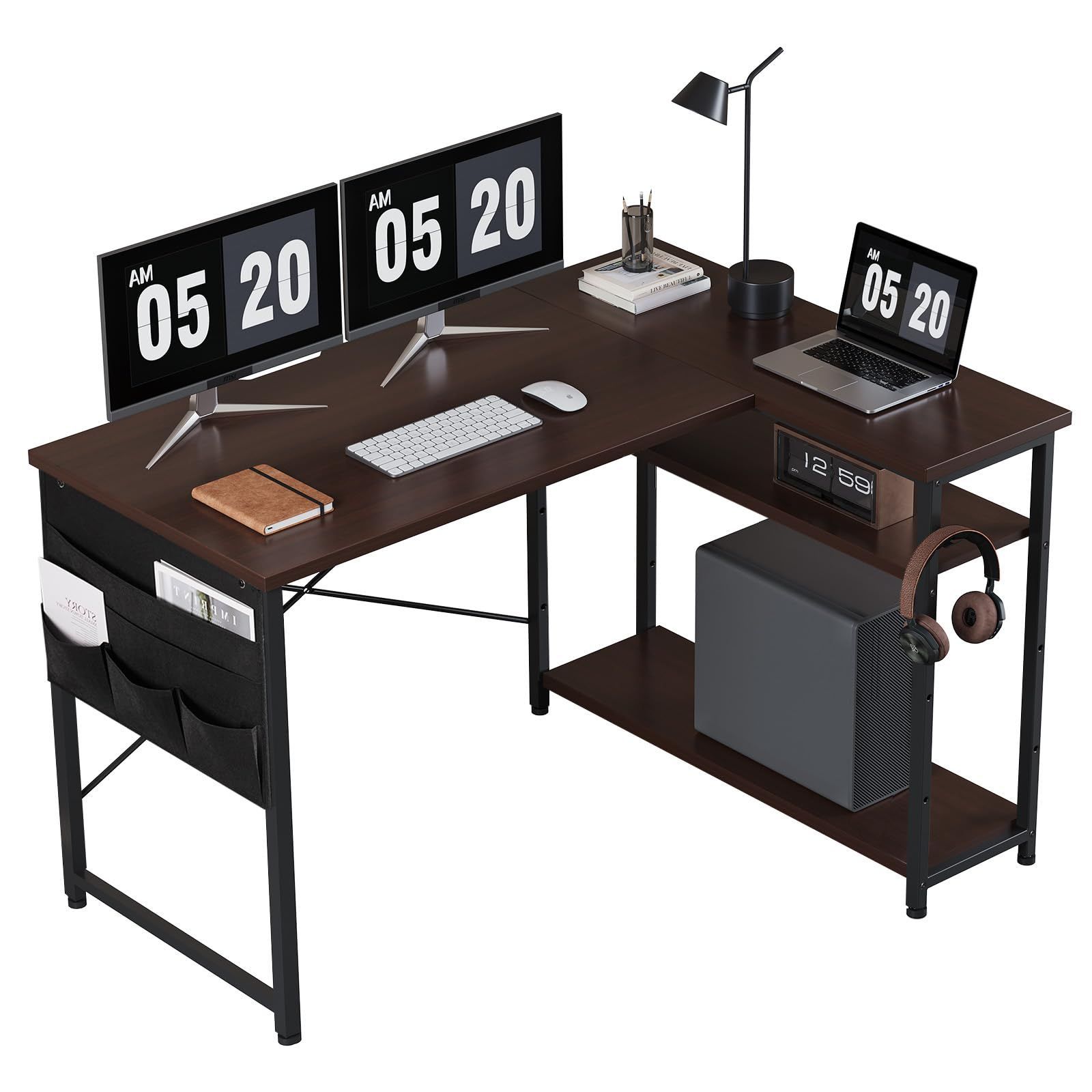pcデスク右棚左棚 机 幅107cm 勉強机 子 l字デスク 作業机 ワークデスク computer desk デスク ban hc 学習机 収納袋付きパソコンデスク YeTom コーナーデスク モニターアーム取付対応 ダークブラウン