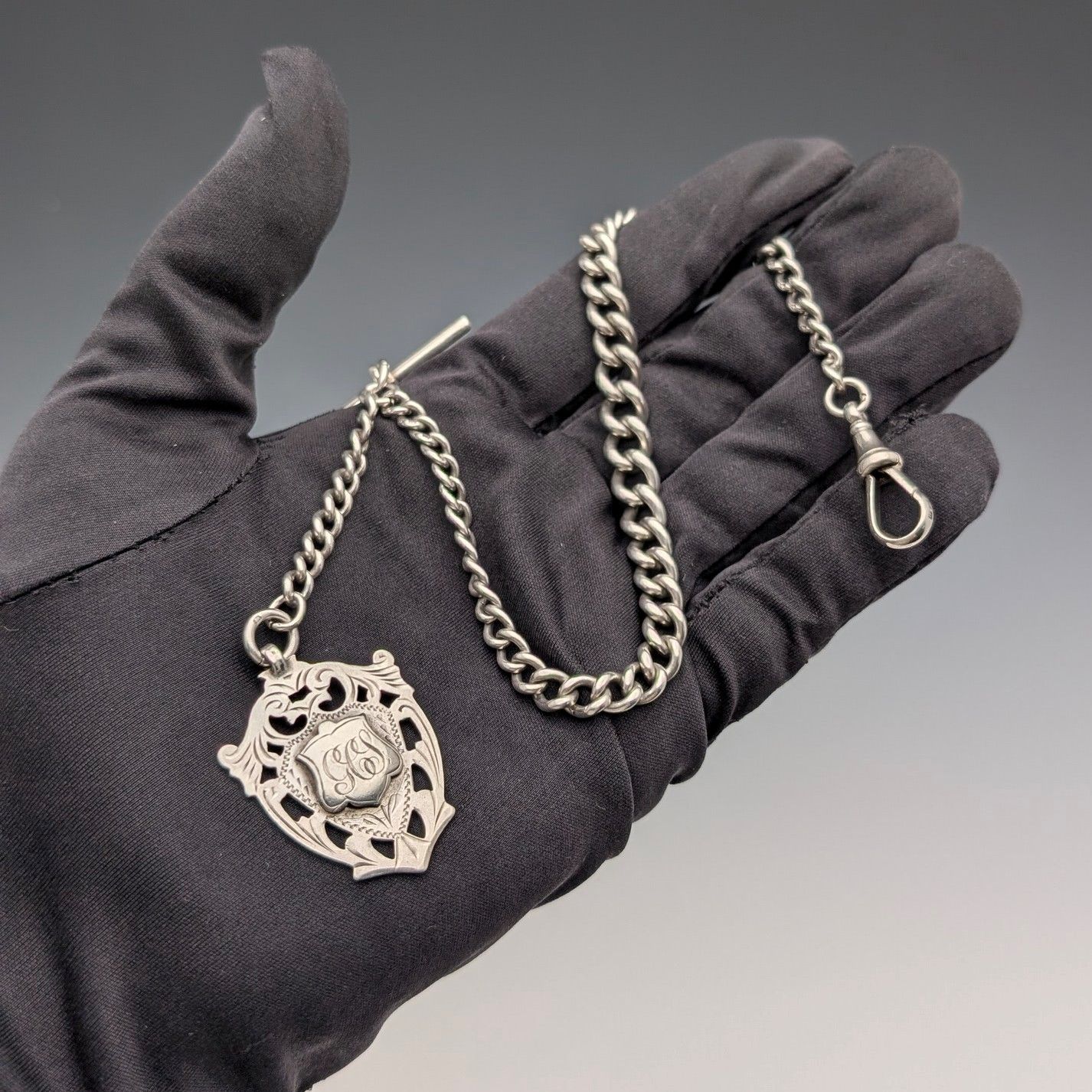 美しい 1912年 英国アンティーク 純銀製アルバートチェーン 32g 純銀メダルフォブ