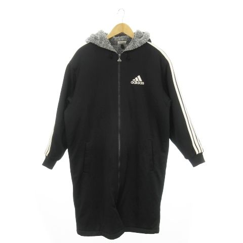 アディダス adidas ヴィンテージ デサントタグ ベンチコート 中綿 ジップアップ ジャージー生地 フーディ 内側ボア 内側キルティング ロゴ刺繍 スリーストライプス スポーツ M-L 黒 ブラック |MN6 GY12