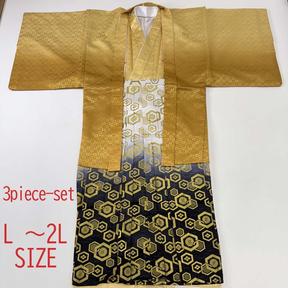紋付袴 3点セット 着物 羽織 袴 長着 成人式袴 裄73.3cm 袴90.5cm L-2L 黄色 黒 五つ紋 4806