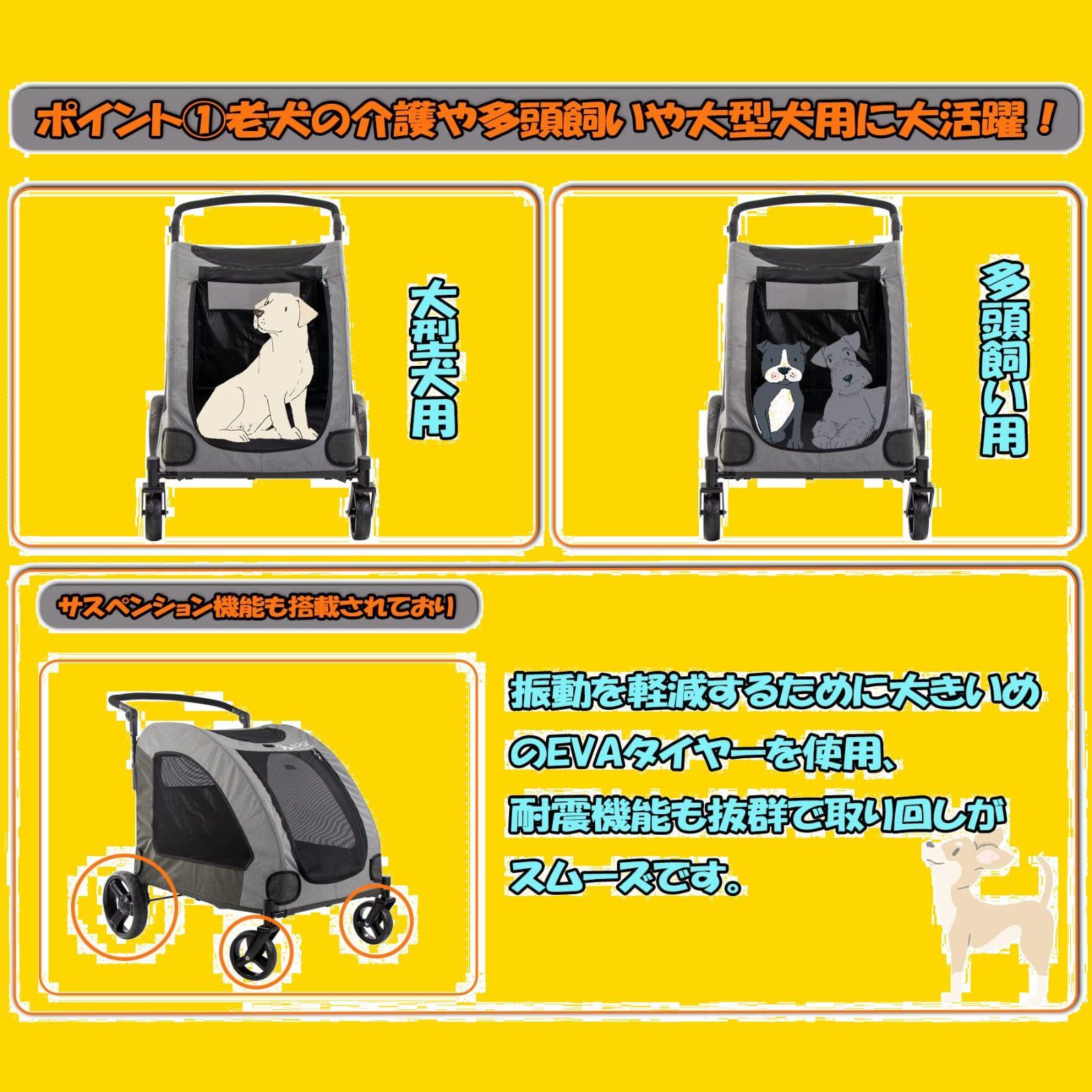 GPR ペットカート 犬用ベビーカー 犬 カート 猫 バギー 大型犬 多頭中小型犬・猫 3色 四輪 多頭用 介護用 多機能 前後で入り可能  ポケット付き 軽量 折りたたみ 組み立て簡単 耐荷重60Kg (グレー)