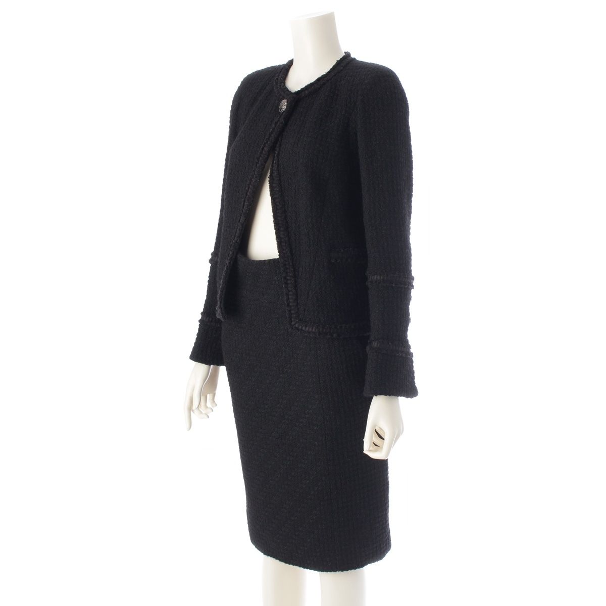 シャネル ウール シルク ココマーク ノー スカートセットアップ ジャケット トップス ボトムス ブラック 34 38