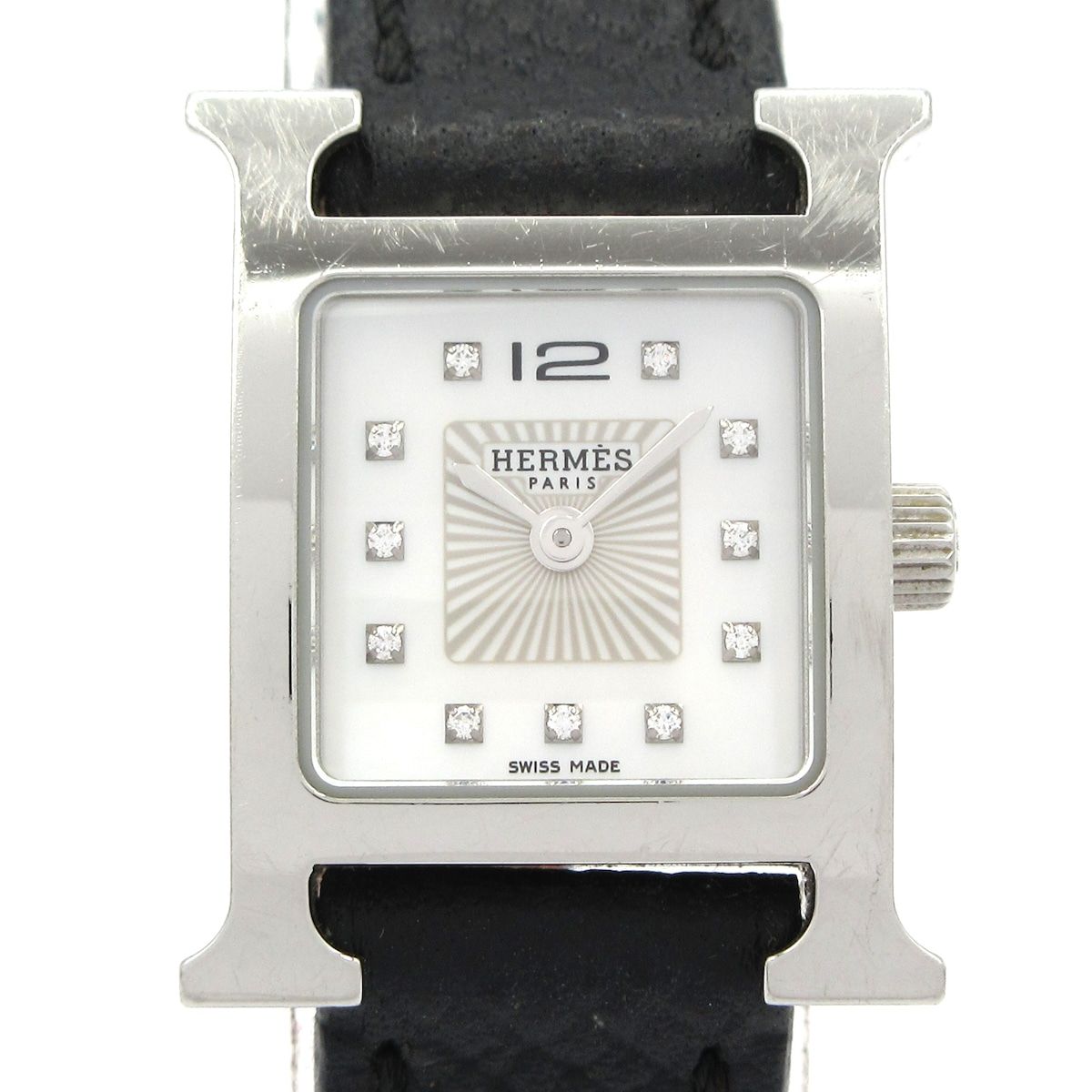 HERMES エルメス 腕時計 Hウォッチ ミニ HH1.110 レディース SS|シェル文字盤|11Pダイヤインデックス|A刻印|革ベルト ホワイトシェル