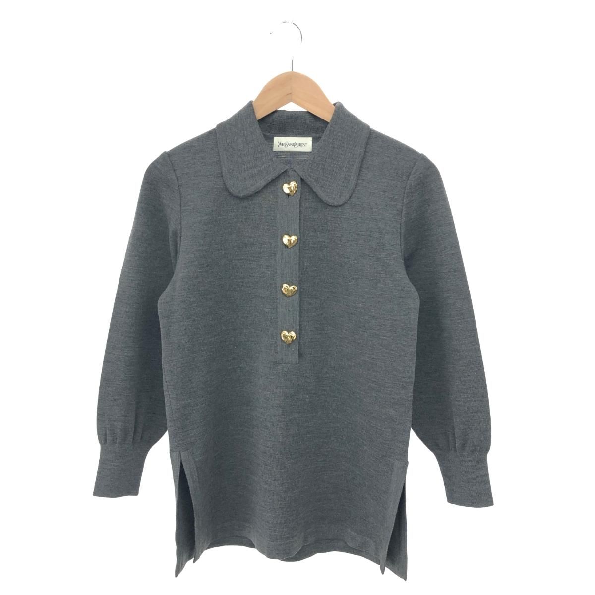 YvesSaintLaurent YSL イヴサンローラン ヴィンテージ ハート釦 長袖 襟付 ニット サイズ M グレー ウール レディース 240001141254