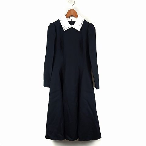フォクシー FOXEY Knit Dress Precieuse 白襟 ワンピース 38 黒 ネイビー系 ミッドナイトブルー