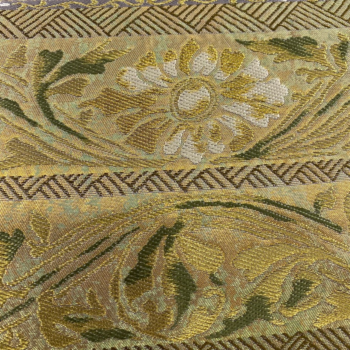 袋帯 秀品 草花 段縞 箔 金糸 灰紫 六通 正絹