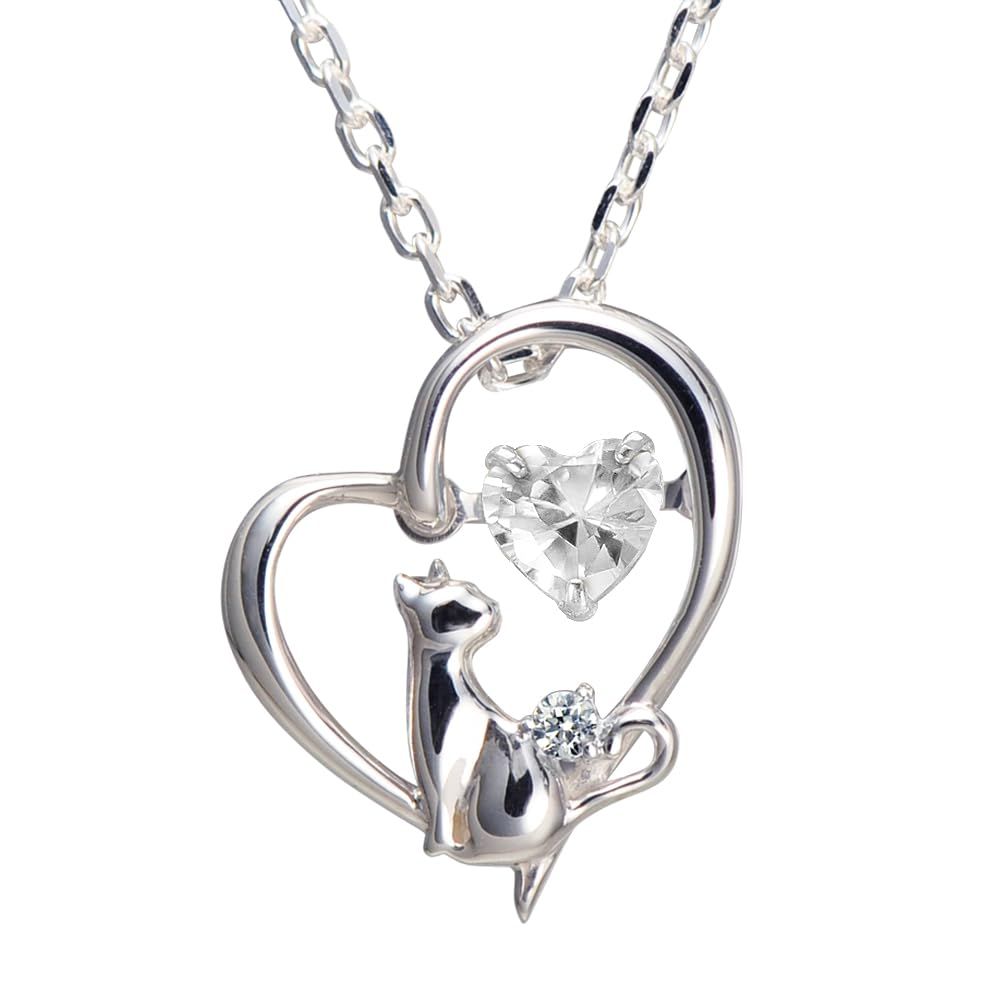 未来天使 ネックレス レディース ハート 猫 ダンシングストーン シルバー 選べる 誕生石 ホワイト ４月 ダイヤモンド