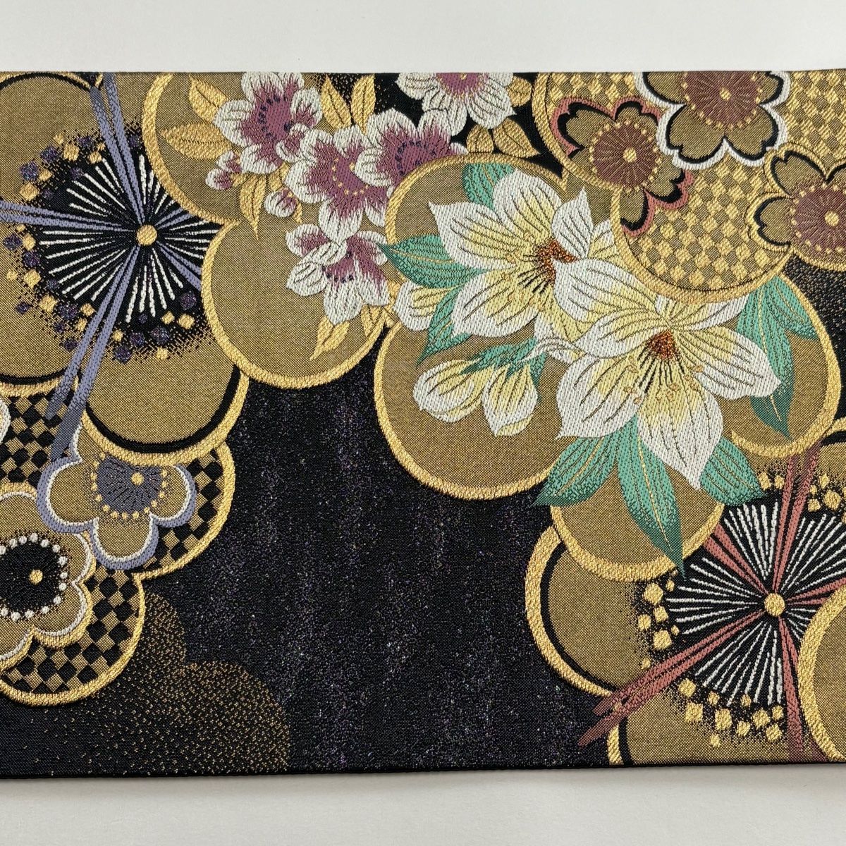 美品】 袋帯 秀品 振袖向き 草花 梅 金糸 箔 濃紫 六通 正絹