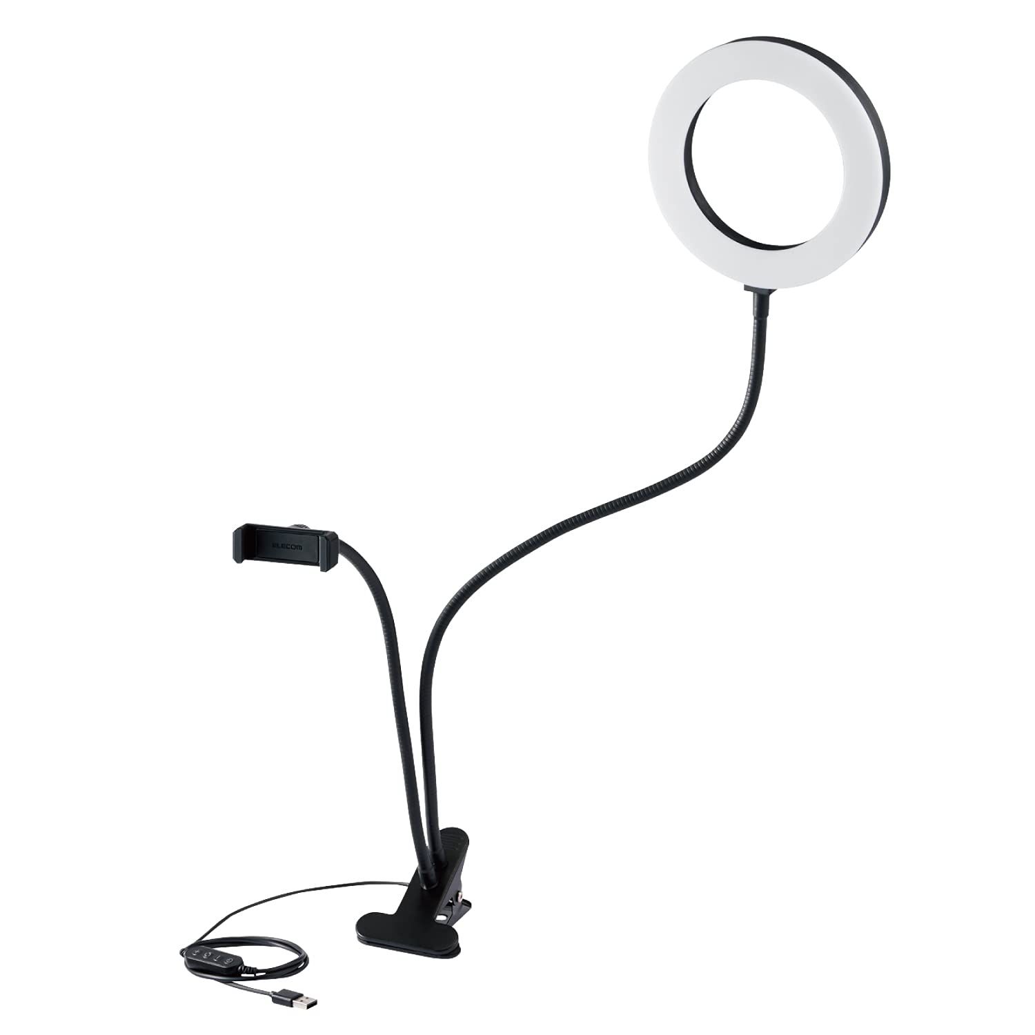 エレコム LED リングライト クリップライト 16 3色モード / 10段階調光 USB給電 ブラック DE-L01BK 
