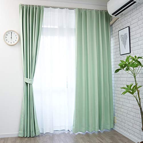グリーン_幅150x丈220 1枚入 カーテン 1級 遮光 1枚 220cm丈 １級 省エネ 形状記憶 付 【curtain-fabfun】 [幅150x丈220 1枚入 グリーン ME612] 7色展開 丸洗いOK 届いてすぐに使えるアジャスターフック付