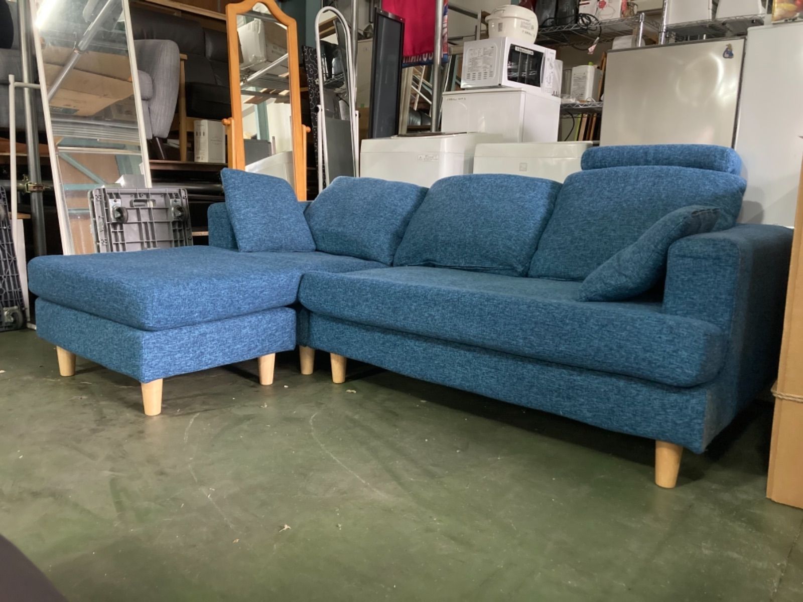 ● 3人掛けソファー、L字型ソファー、ブルー、紺色、東京都下、送料込み