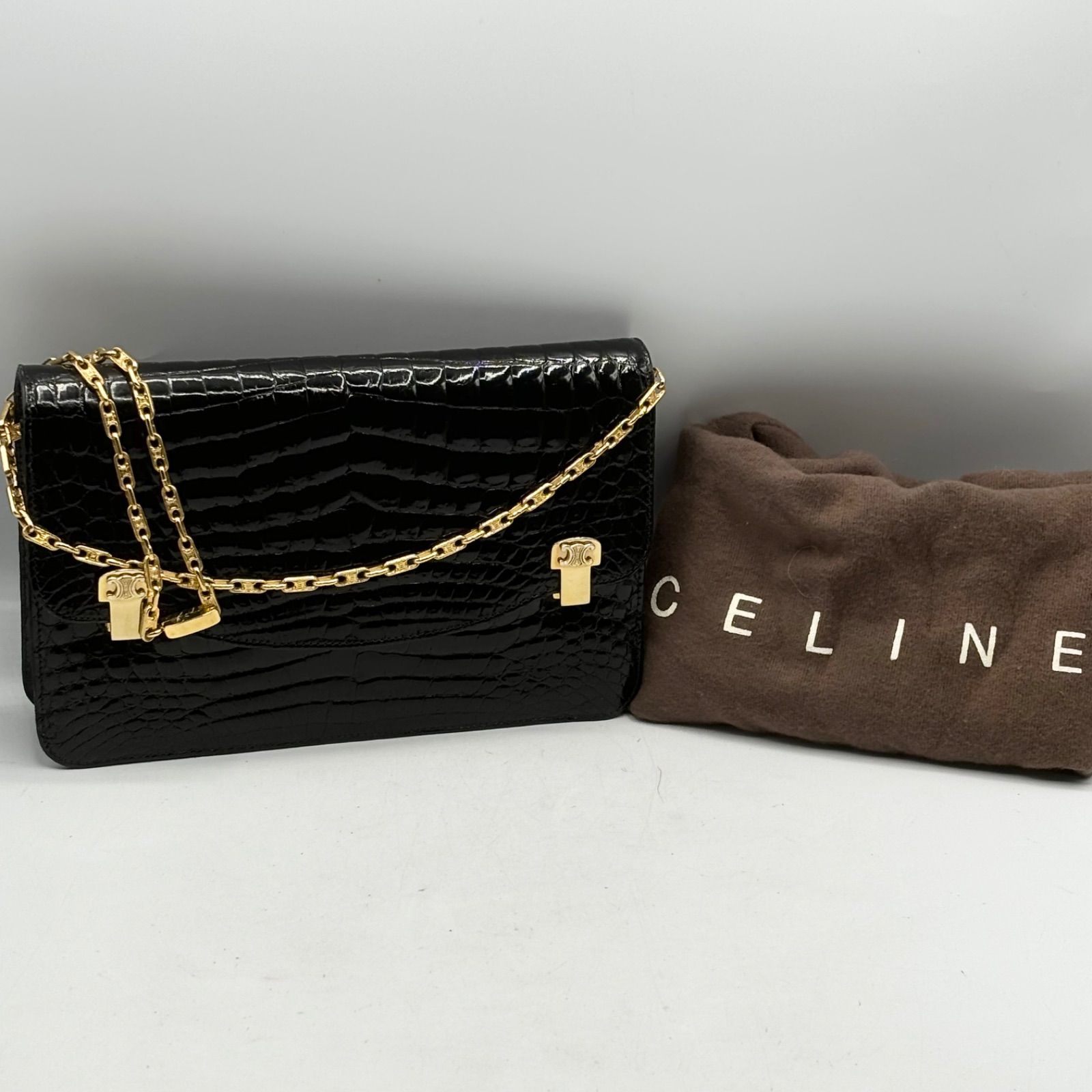 CELINE セリーヌ ヴィンテージ クロコダイル レザー チェーンショルダーバッグ ブラック×ゴールド金具 チェーンピカピカ 保存袋入り極美品  オールド 入手困難 - メルカリ