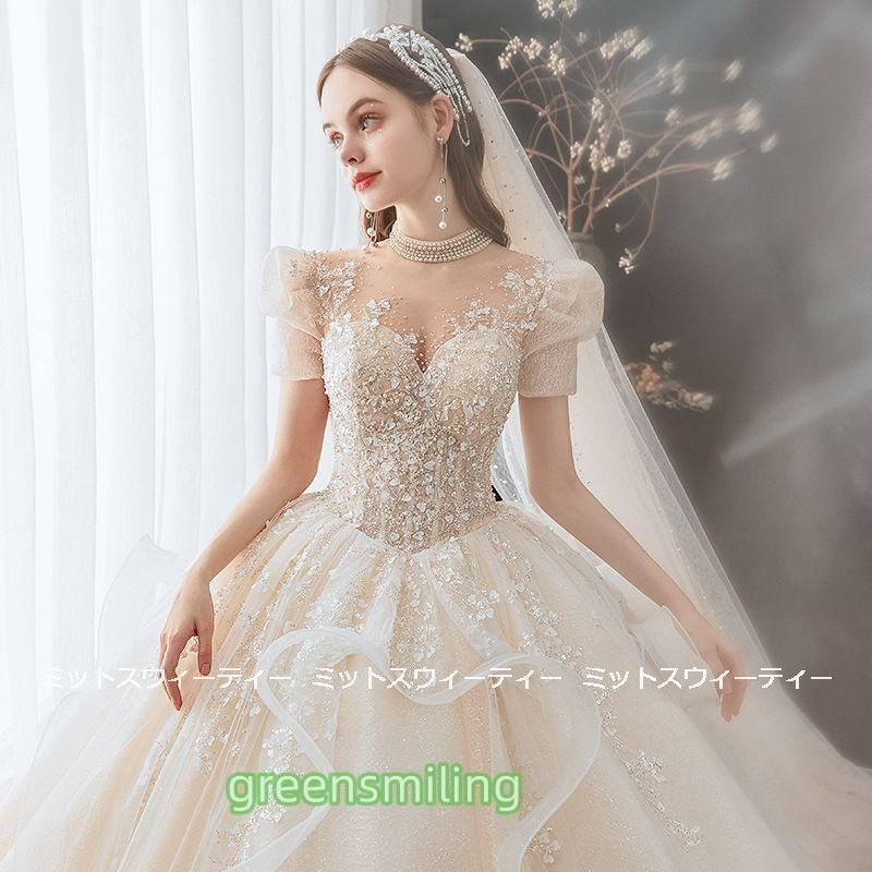 ウェディングドレス ロングドレス レース シャンパン パーティードレス プリンセスドレス エンパイアライン ビスチェ 二次会 花嫁ドレス 結婚式 演奏会 発表会 ウェディングドレス シャンパン オフホワイト 二次会ドレス