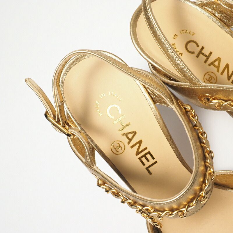 CHANEL シャネル レザー バックストラップ サンダル 靴 レディース サイズ36.5C（23.5cm相当）CCロゴ ココマーク PG33718  チェーン ゴールド イタリア製 ブランド古着【中古】20240305/GP4474