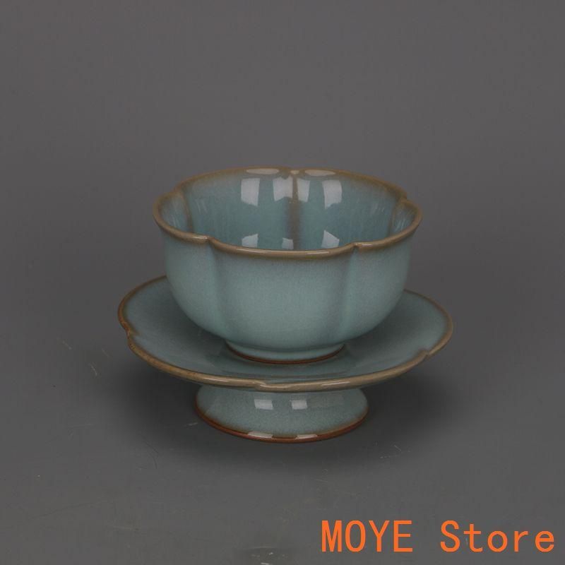 宋汝窯天青釉開片瓜稜蓮の葉口杯茶碗 景徳鎮 陶磁器 装飾品 工芸
