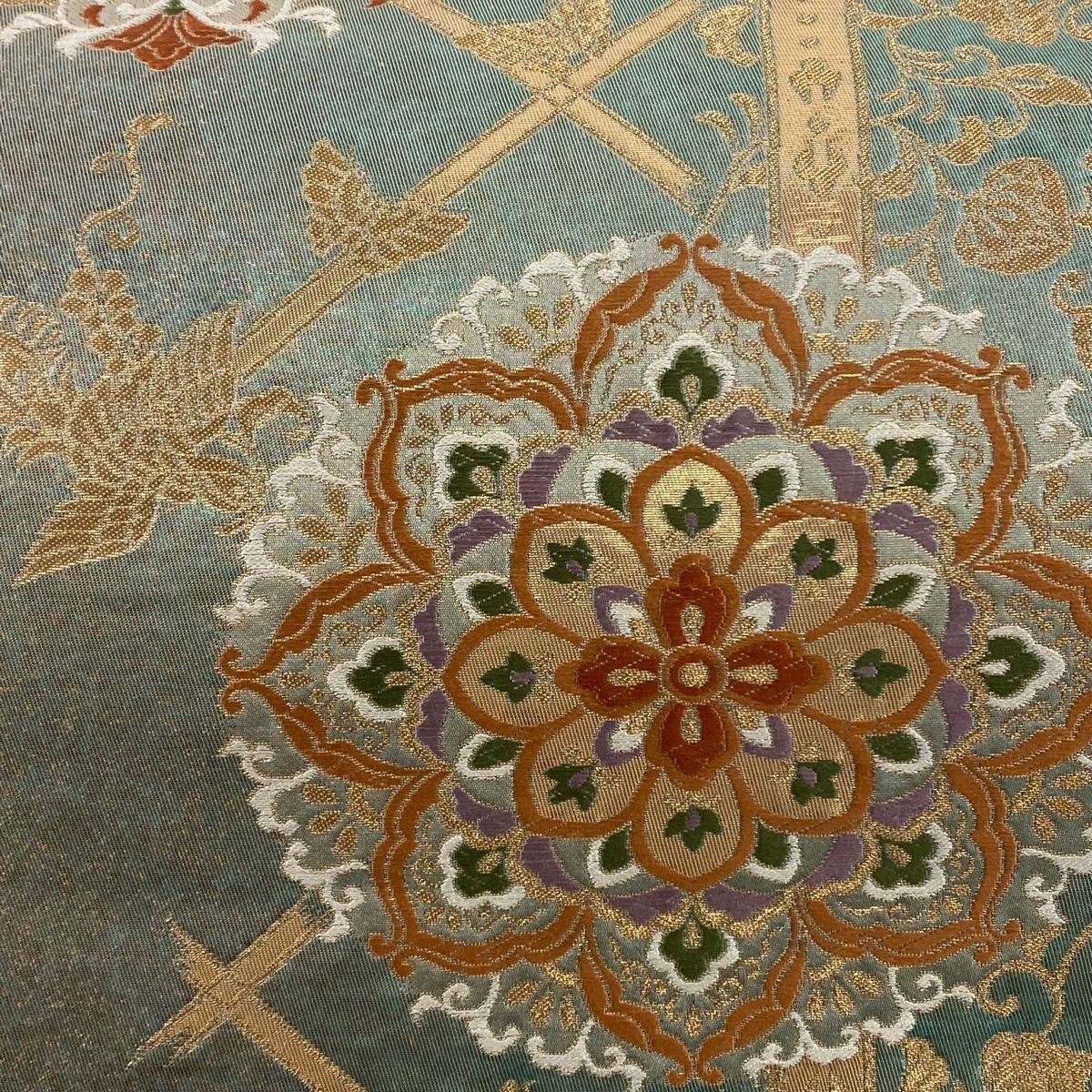袋帯 美品 秀品 七宝華文 鳥 金銀糸 唐織 灰緑 六通 正絹 中古