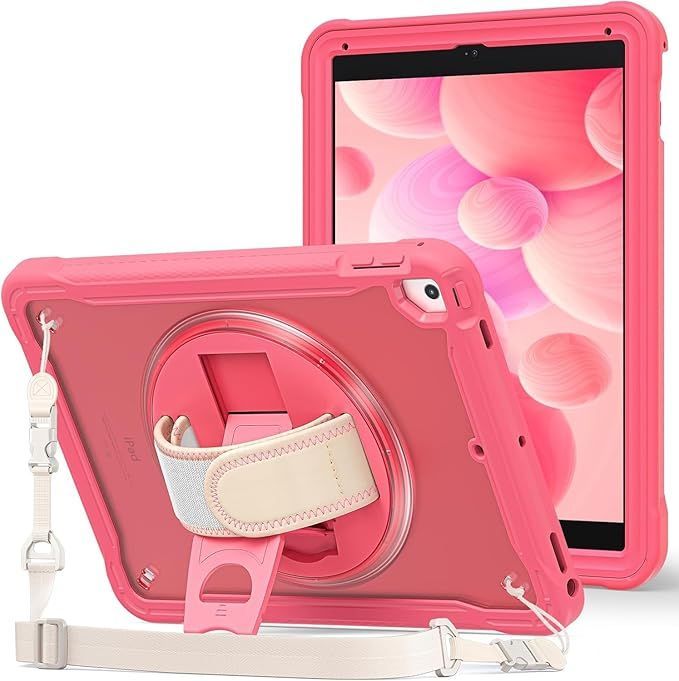 ProCase iPad 6世代・5世代 ショルダーケース 9.7インチ Air 2 Air 1にも対応 肩掛け式 子供・現場作業用 耐衝撃 半透明カバー ペン収納 360回転スタンド 手首付き 3層保護（メロンピンク）