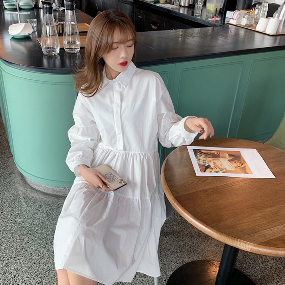 シャツワンピース ひざ丈 長袖 ティアード エレガント シック 大人
