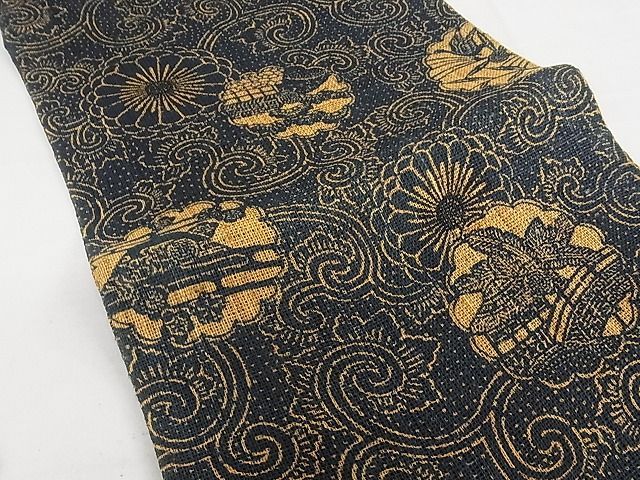 平和屋本店□極上 夏物 古代原始布 科布 八寸名古屋帯 型染め 藍 花  
