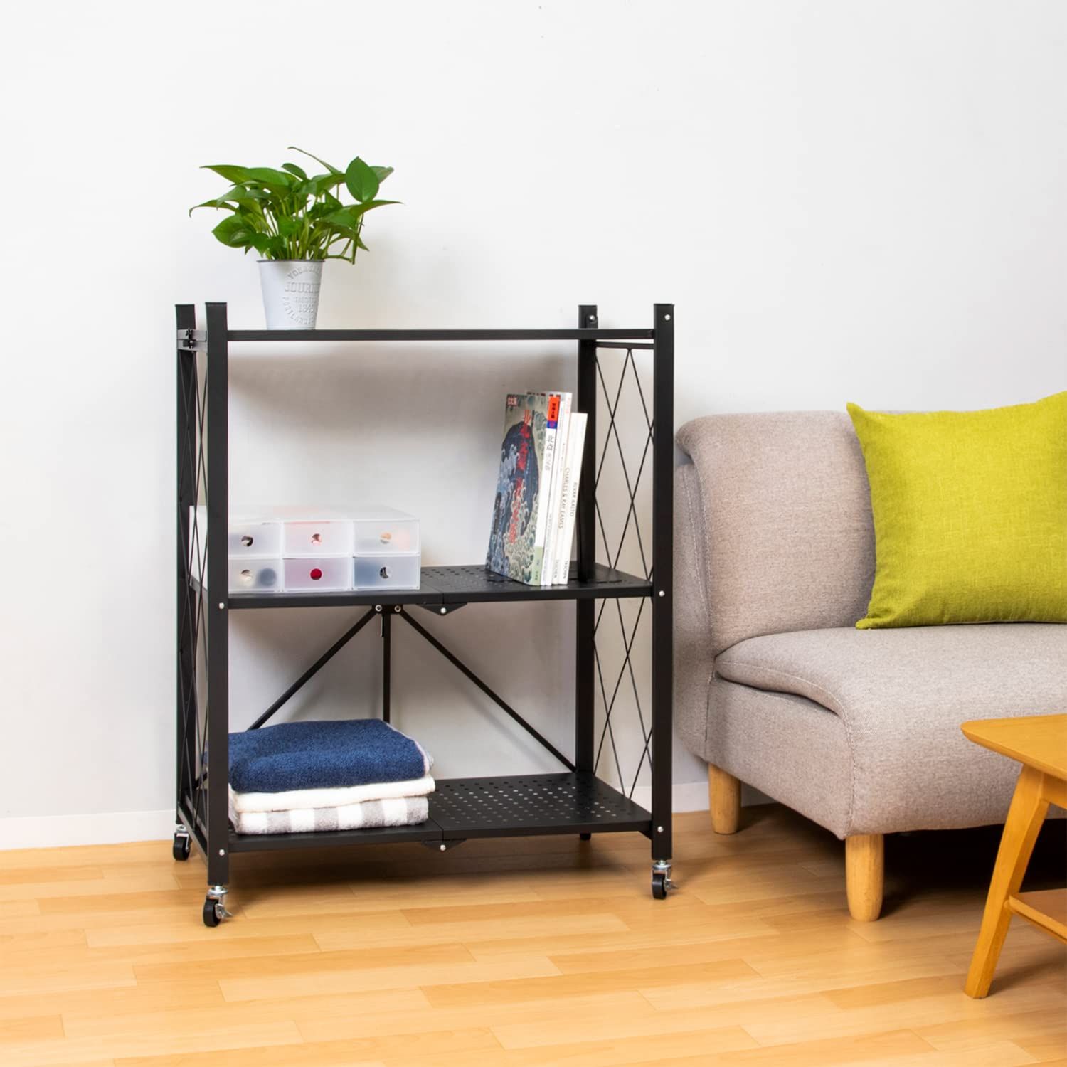 アストロ スチールラック 3段 ブラック 幅70×奥行34×高さ87cm 折りたたみ式 収納ラック シェルフ キャスター付き 731-13