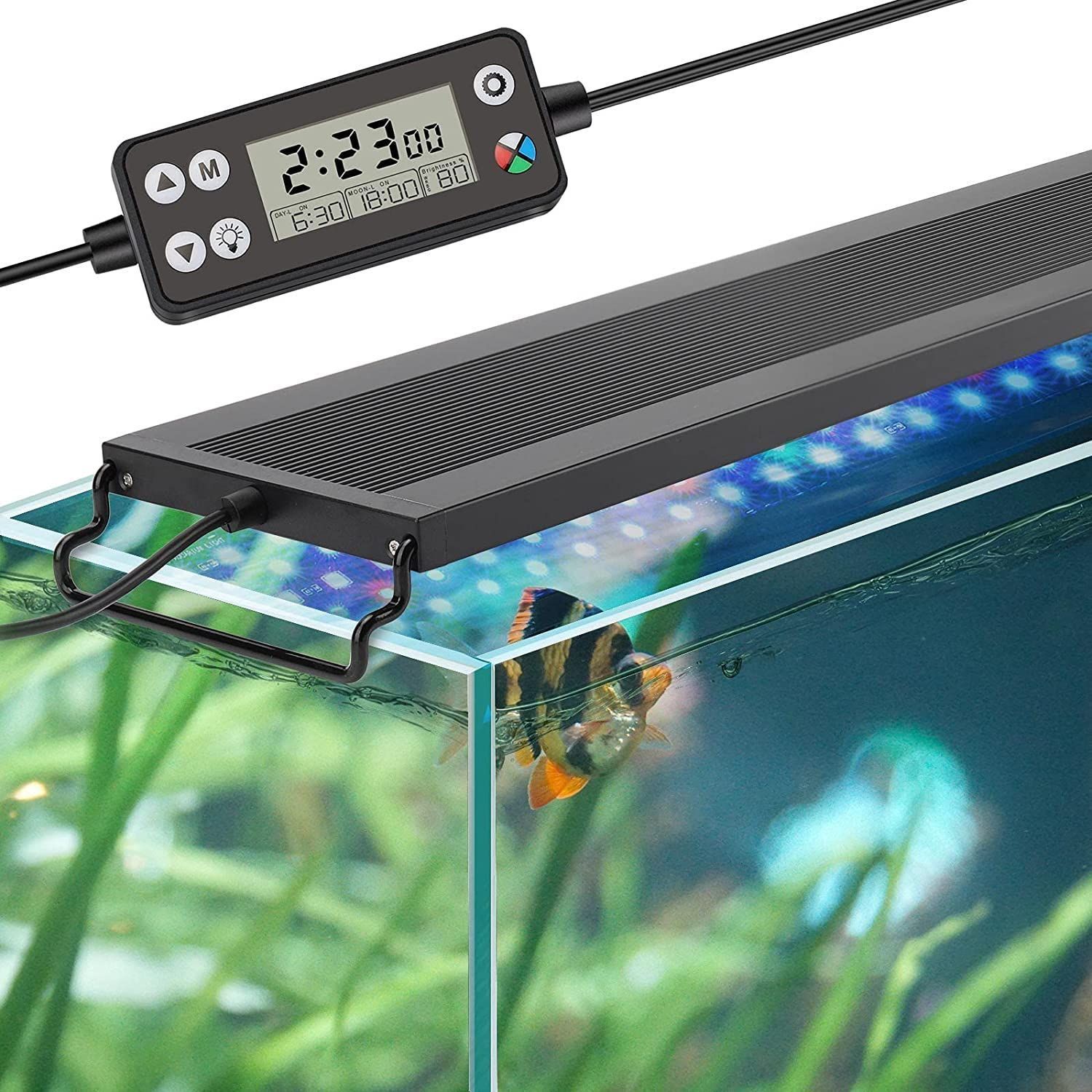 水槽ライト LEDアクアリウムライト 60-75CM対応 新開発のDIYモード WRGB割合を調整 LCDディスプレイ 8色白|赤|橙|黄|緑|青|藍|紫LED 昼光と月光モード タイマー自由に設定 10段階明るさ調整 IP68防
