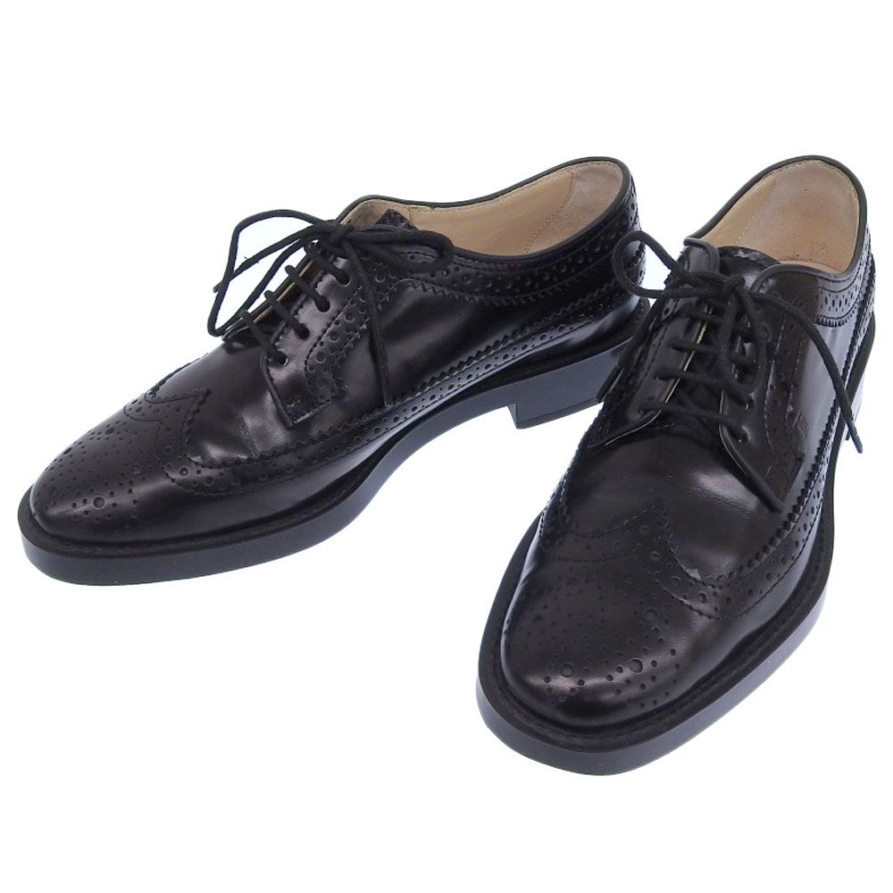 トッズ TOD’S 現行ロゴ エンボスT ウイングチップ メダリオン レザー ドレスシューズ 35 21.5-22cm 黒 レディー 程 オフィス 旅