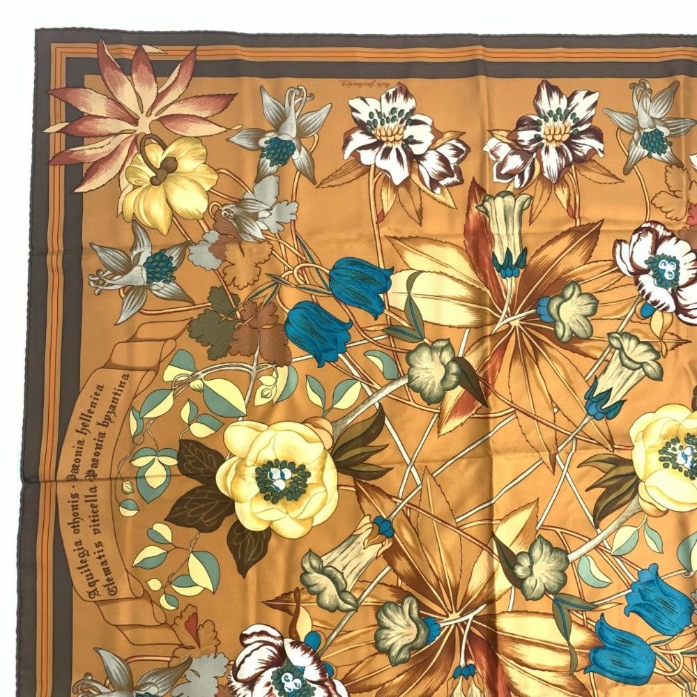 HERMES エルメス カレ90 Fleurs d'Hellade スカーフ ブラウン