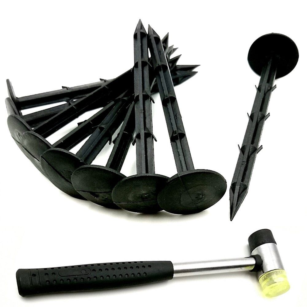 sac taske 防草シート 固定 ピン PP杭 100本 ＆ ハンマー 菜園 園芸 セット (黒 16) [黒 16]