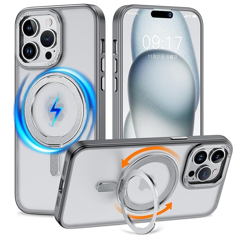 KMAMBNG iPhone 13 Pro 用 ケース 縦横両対応 リング 【多機能360度回転スタンド】MagSafe対応 ワイヤレス充電対応 半透明マット スマホケース 米軍規格 耐衝撃 カメラレンズ保護 車載ホルダー対応 6.1インチ アイフォン13 1