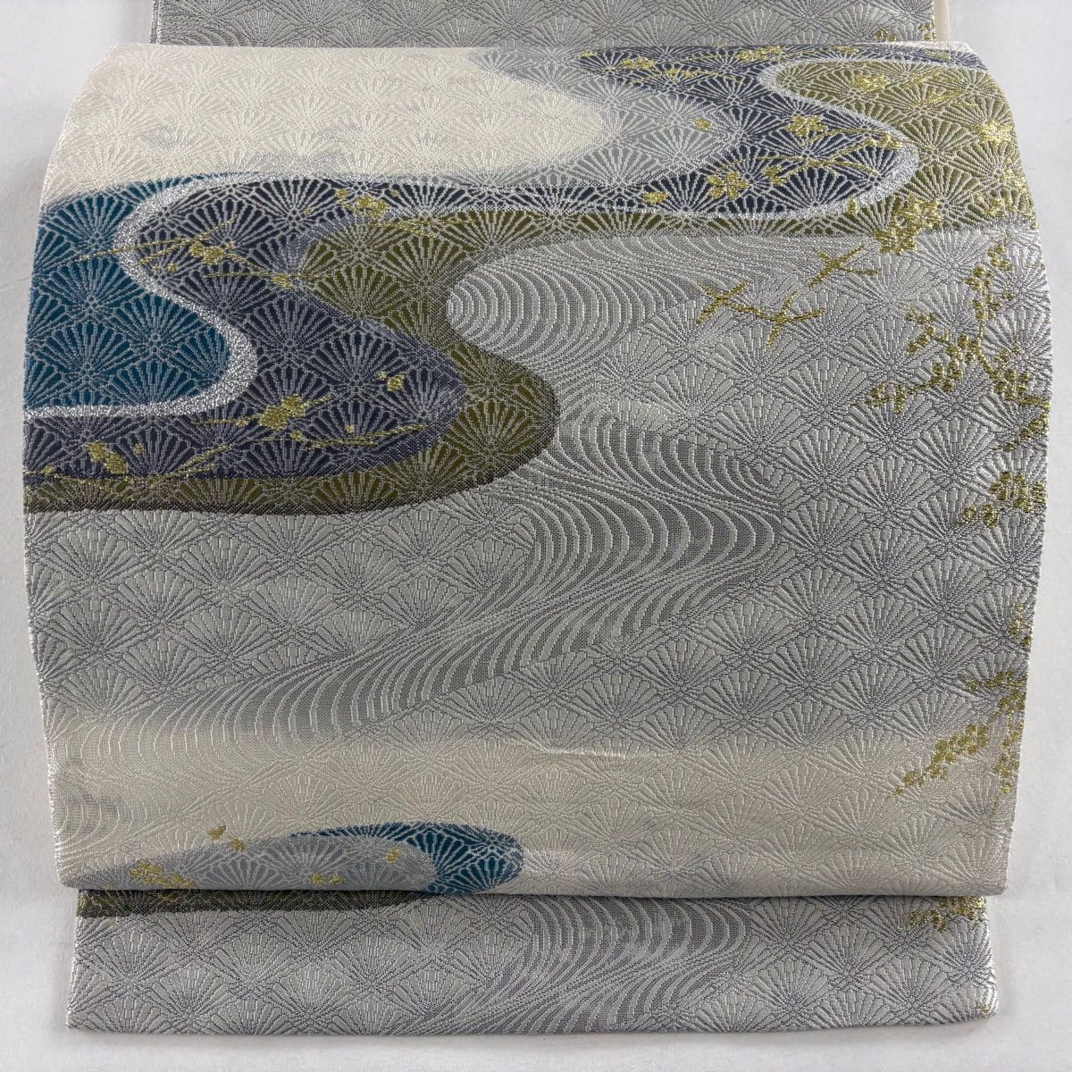 袋帯 美品 秀品 松 枝梅 金糸 箔 灰白 六通 正絹 【中古