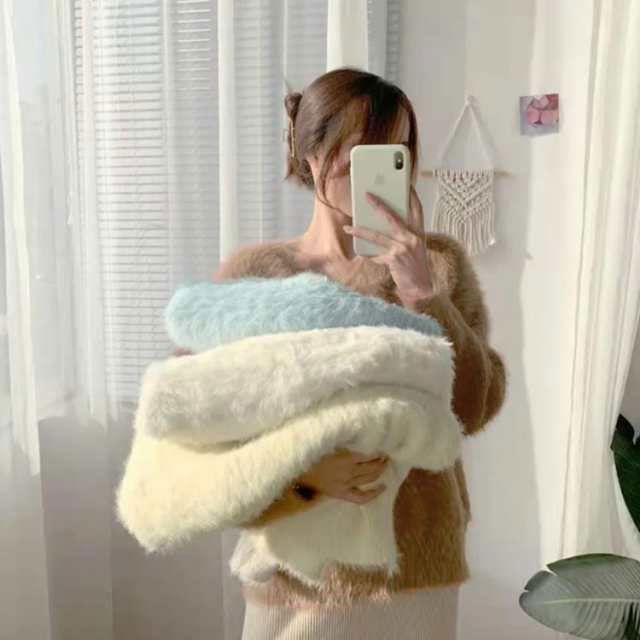 シャギー ニット セーター プルオーバー レディース 秋冬 シャギーニット トップス 長袖 Vネック ふわふわ モコモコ ニットトップス ゆったり ボリュームスリーブ パフ袖 もちもち チクチクしない erika 7220