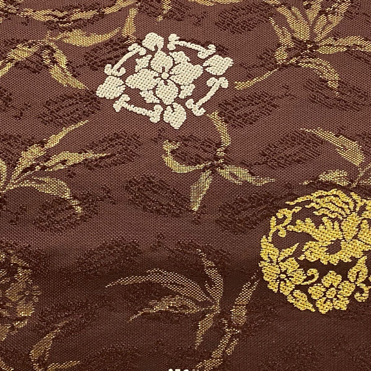 袋帯 秀品 本金箔 草花 鳥 金糸 箔 茶色 六通 正絹
