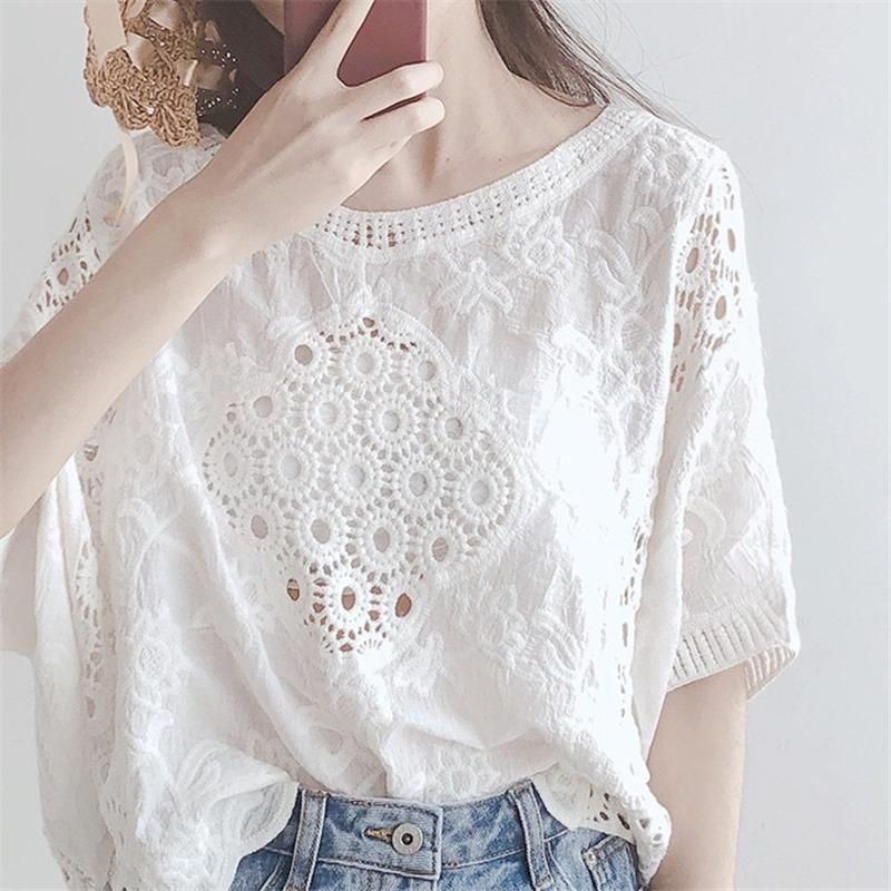 シャツ ブラウス レディース ス 半袖 Tシャツ レース 刺繍 プル