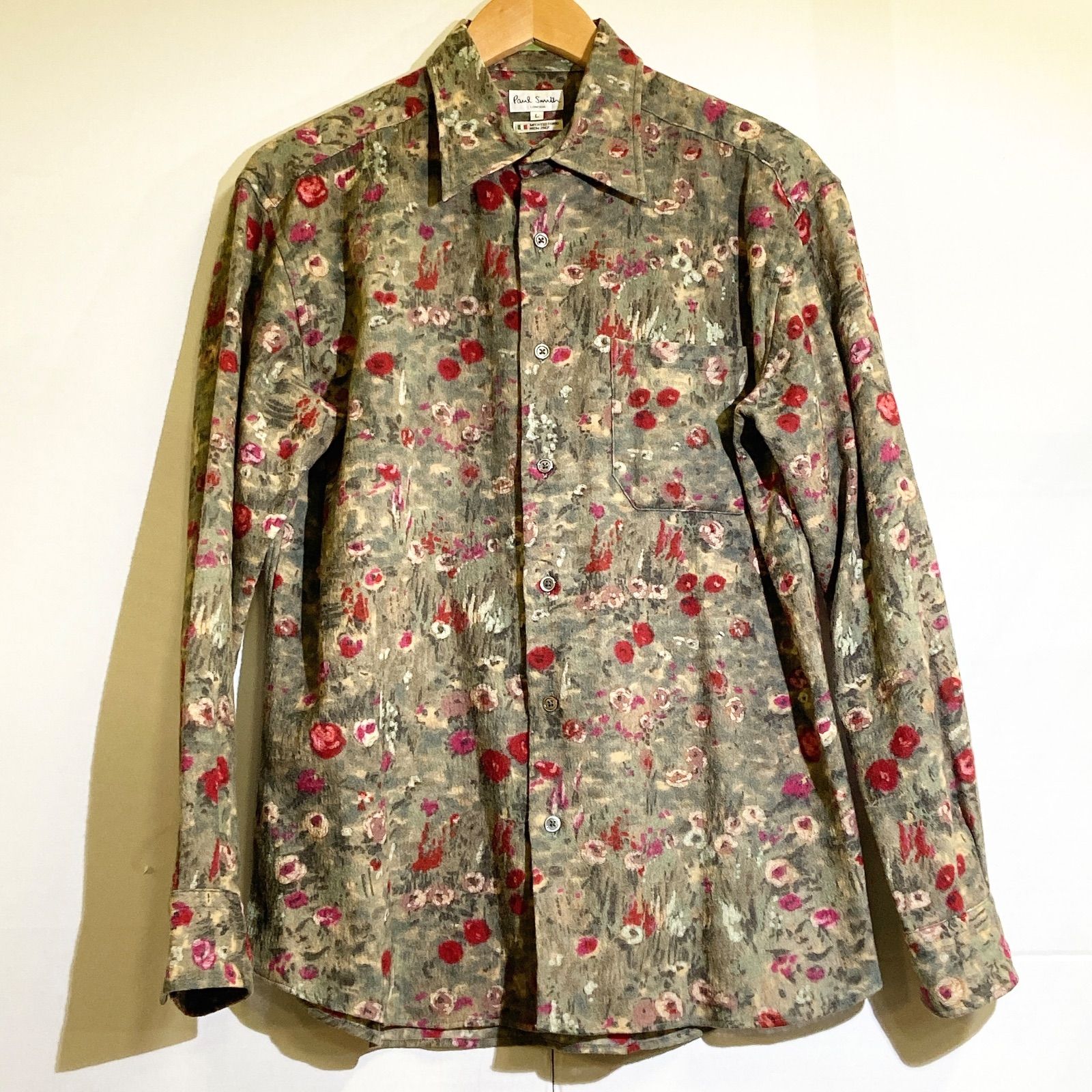 Paul Smith LONDON ポールスミス 油絵風花柄シャツ 長袖 ウール100% 冬物 グリーン系 Lサイズ メンズ