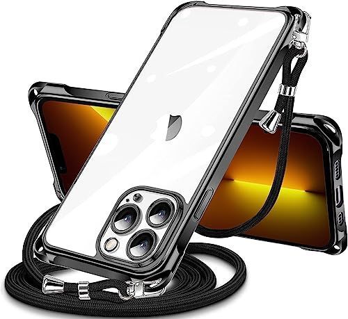 iPhone 12 Pro Max_ブラック iPhone 12 Pro Max 用 ケース クリア ショルダー iphone12pro max スマホケース アイフォン12ProMax カバー 肩掛け 斜めかけ 縄掛けケース 透明 TPU 薄型 軽量 耐衝撃
