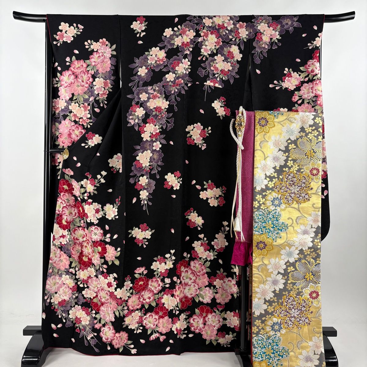 振袖 身丈167.5cm 裄丈66.5cm M 袷 袋帯フルセット 桜 金糸 金彩 黒 正絹 名品