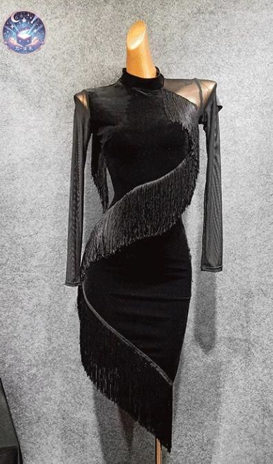 ♥ ブラックベルベット フリンジ ラテンドレス Sサイズ