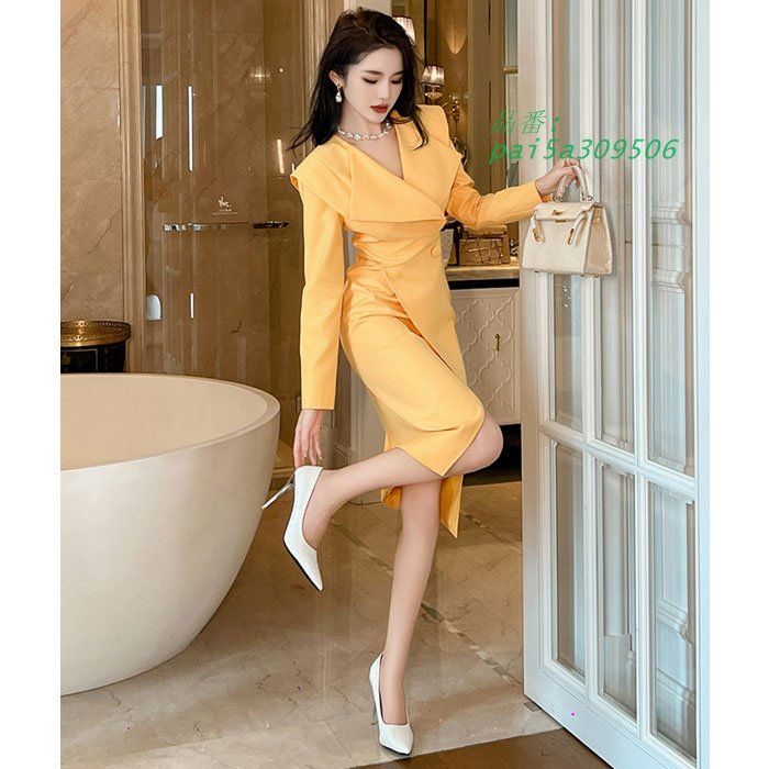 長袖ミモレ丈ワンピース 黄