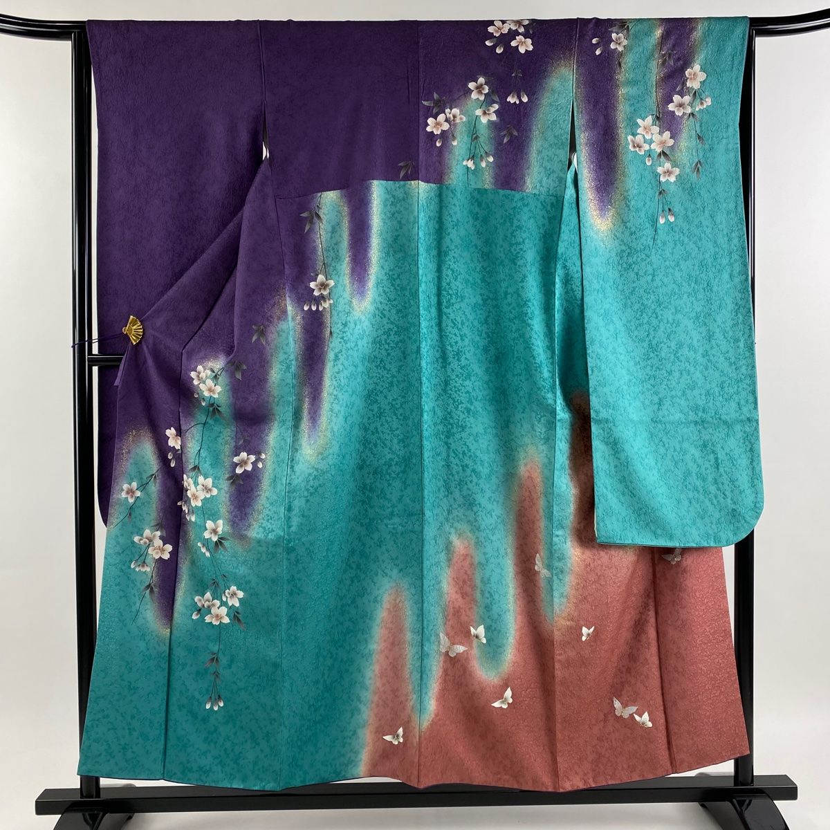 バイセル 着物 名品 小紋 紫 草花 ぼかし 地紋 正絹 袷（10月～5月） 167cm Mサイズ ☆☆☆☆ 訪問着 身丈168cm 裄丈66.5cm M 袷 流水 地紋 ぼかし 金彩 灰茶 正絹