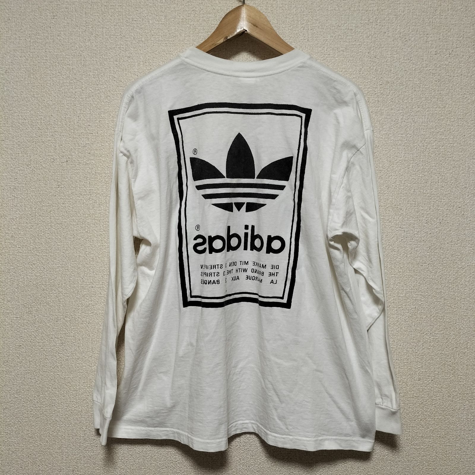 希少☆adidas 80s 90s USA製 ボックスロゴ ロングTシャツ カットソー トップス スポーツウェア 長袖 万国旗タグ トレフォイル  アディダス ビンテージ 古着 USED