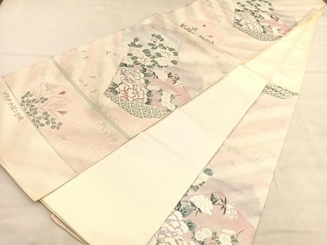 未使用！六通柄袋帯✨唐織　プラチナ二重箔　正絹☆ 平和屋着物◎六通柄袋帯 唐織 プラチナ本銀箔二重織 千寿錦 亀甲