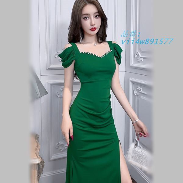 セクシー前スリット入り胸元ビジュロングドレス S