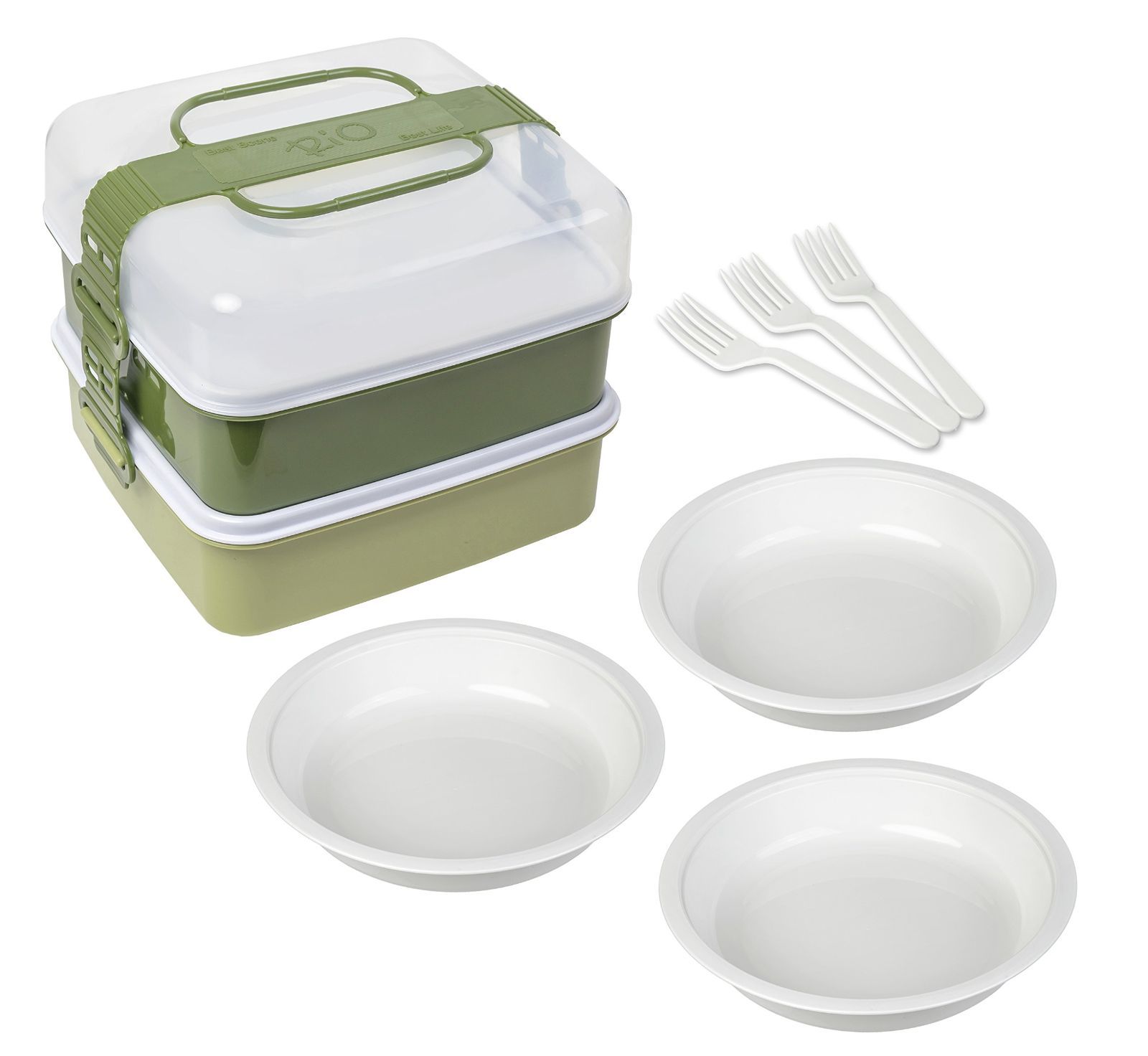 【新着商品】サンコープラスチック 弁当箱 ピクニックケース リオパック L型 2段 取り皿3枚・フォーク3本付き アースグリーン 約幅23.3×奥行22×高さ18.5cm
