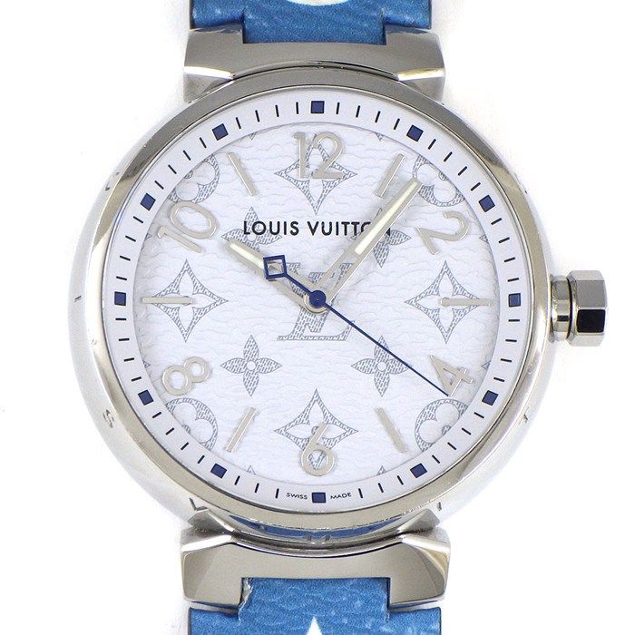 ルイ ヴィトン LOUIS VUITTON 腕時計 タンブール GM モノグラム ホワイト QA114Z モノグラム文字盤 SS エスカル ブルー レザーベルト クオーツアナログ