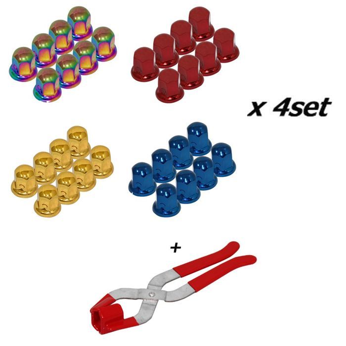セット ISO33mm スチール製ナットキャップ フロント リア兼用 高さ50mm デコキャップ 32個セット各色 ゴールド チタン色 レッド ブルー -ナットキャッププライヤー シルバー1個