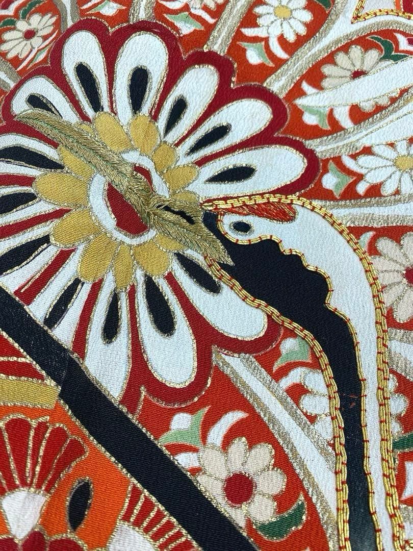 アンティーク 振袖 金駒 金彩 鶴 正絹 身丈168cm 紋付 袖比翼付き